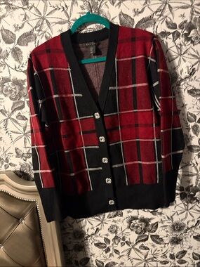Tahari Red and Black Plaid Men's Cardigan Sweater